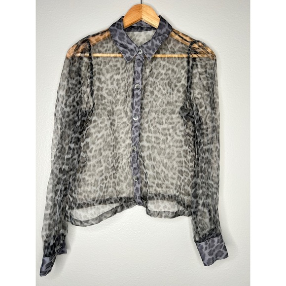 Zara Tops - ZARA Sheer Leopard Print Button Up Shirt Puff Sleeve Blouse Top M